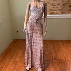 Maxi Dress With Wings And Swords Print Ties At Neck Size L